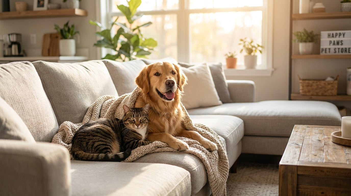 Happy golden retriever and tabby cat on a cozy sofa, lifestyle photo for FurBright hero banner